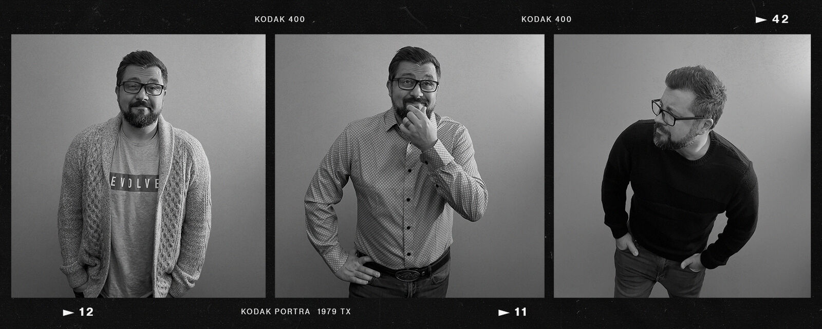 Three black-and-white portraits of Nick Goard
